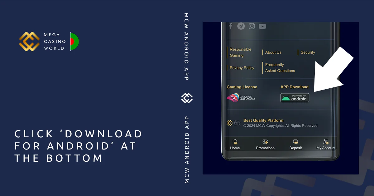Find the \"Download for Android\" link in the footer of the MCW main page